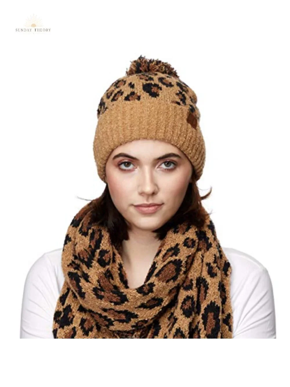 Leopard Pattern Beanie with Fur Pom, Viscose Blend, Winter Hat